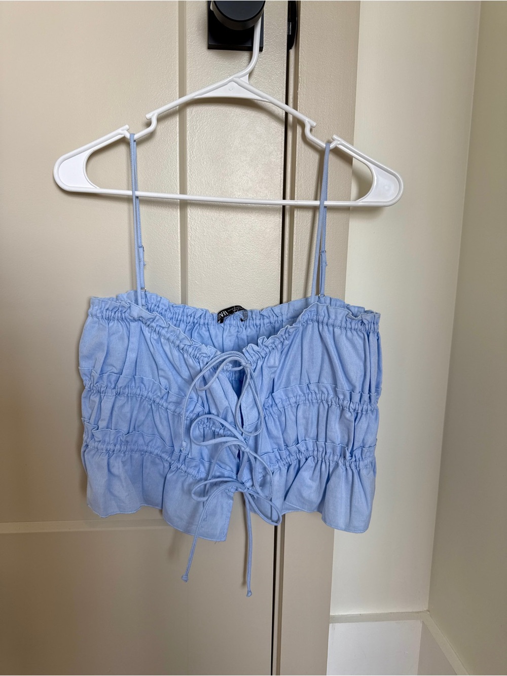 Zara Light Blue Ruched Tie-Front Crop Tank